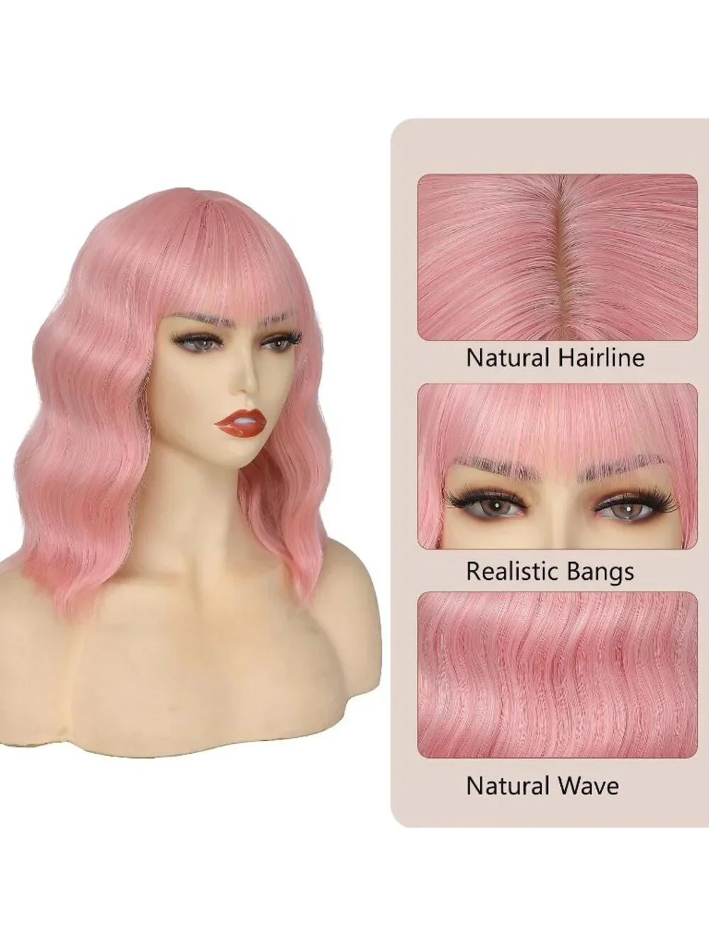 Women's Pink 14 Inch Heat Resistant Short Wavy Hair Pastel Bob Wig Bangs